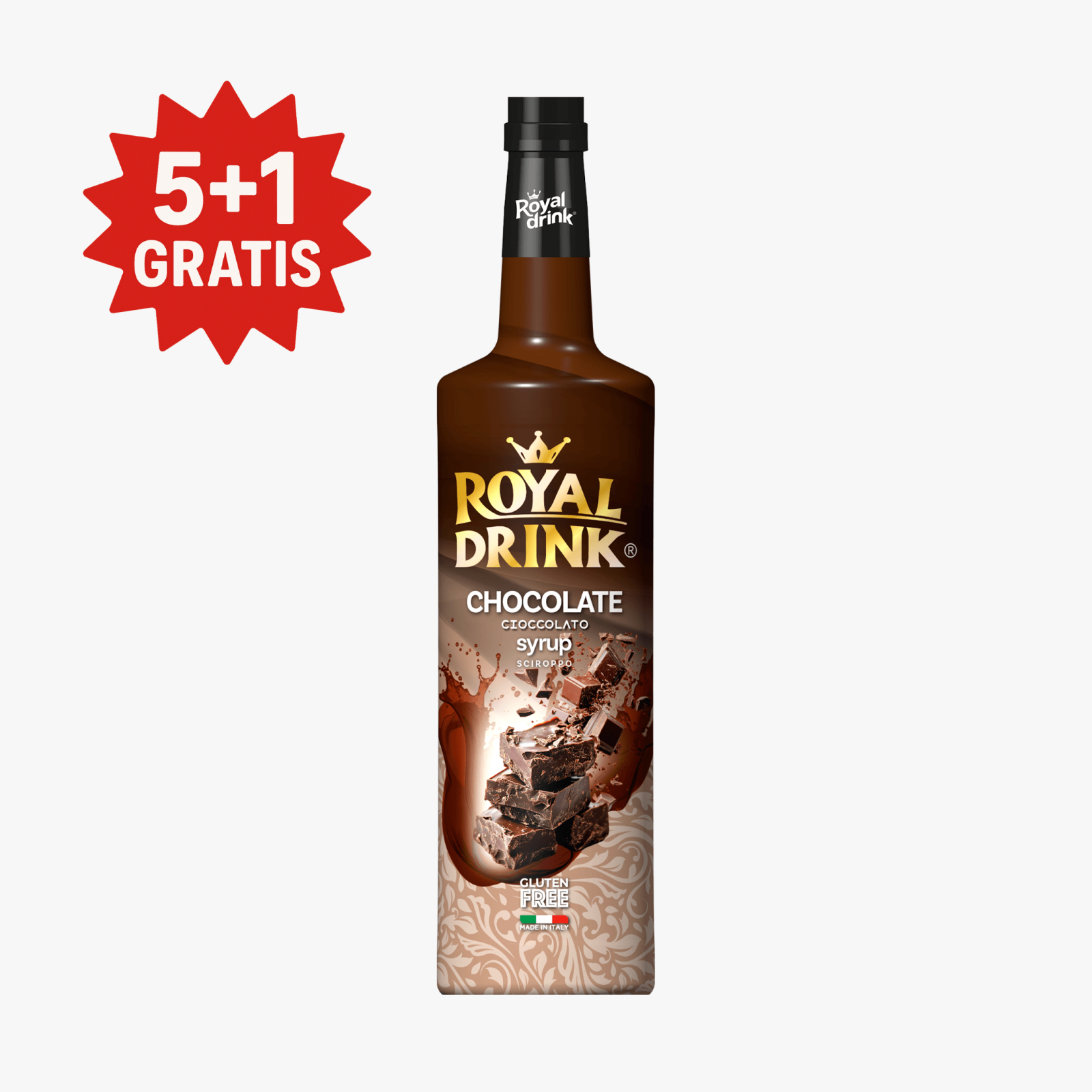 Promotional badge reading '5+1 GRATIS' beside a chocolate syrup bottle labeled Royal Drink Chocolate Syrup, gluten free, made in Italy