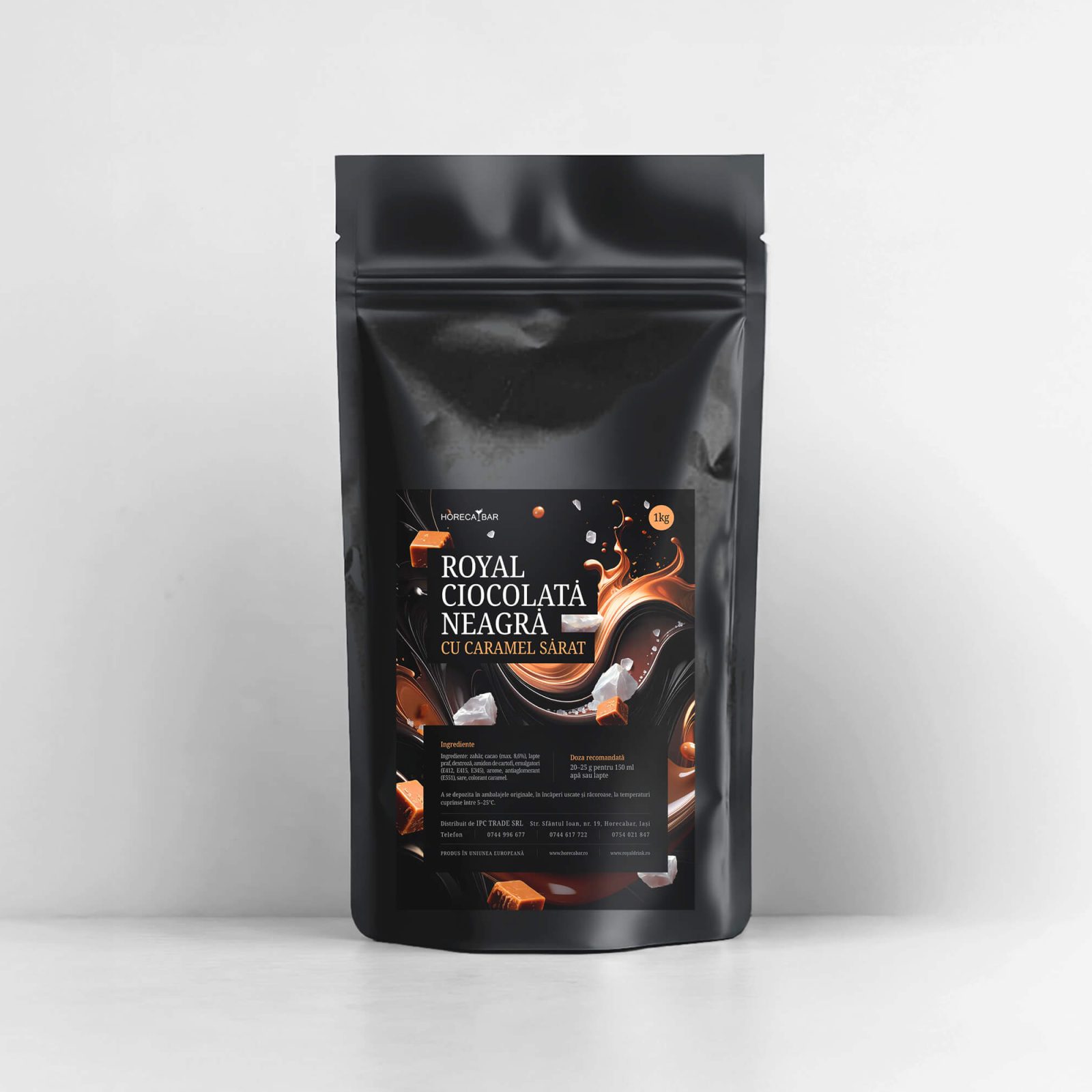 Black stand-up pouch of dark chocolate with salted caramel; label reads 'Royal Ciocolata Neagra cu Caramel Sarat'.