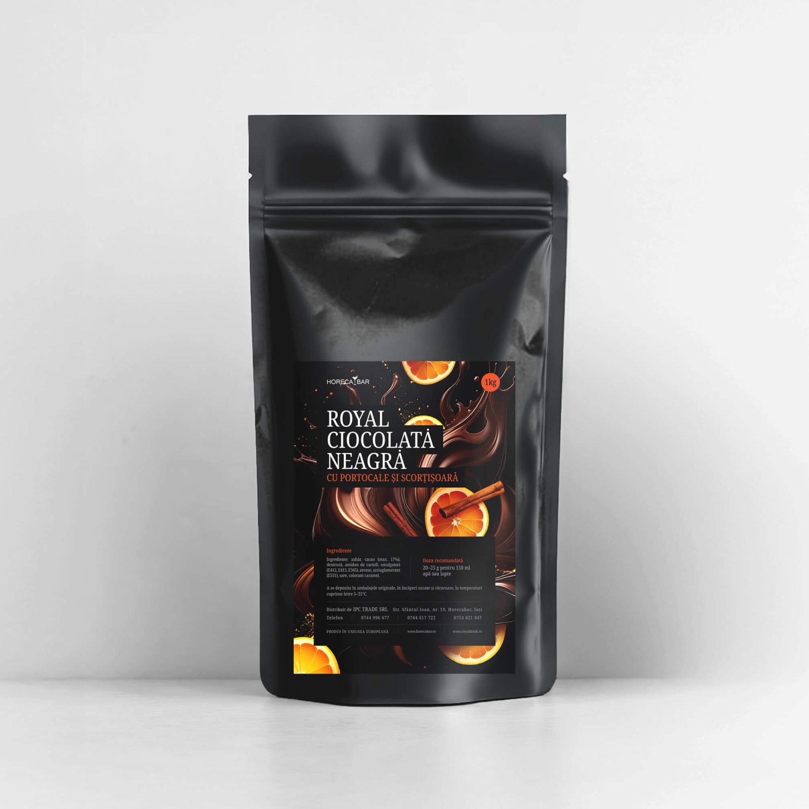 Black stand-up pouch packaging for Royal Ciocolata Neagra chocolate with orange slices and cinnamon on the label